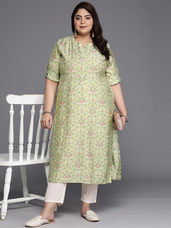 Plus Size Green Printed Silk Straight Kurta