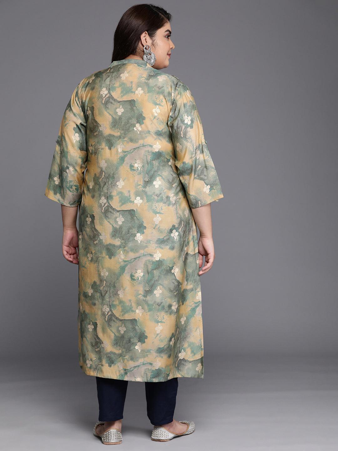 Plus Size Green Printed Silk Straight Kurta - Libas 