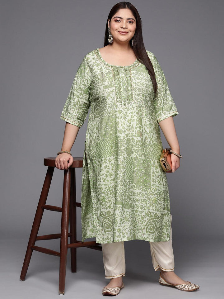 Plus Size Green Printed Silk Straight Kurta
