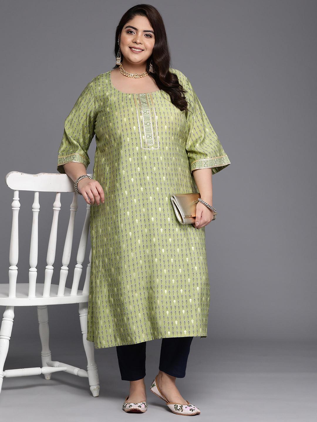 Plus Size Green Printed Silk Straight Kurta - Libas 
