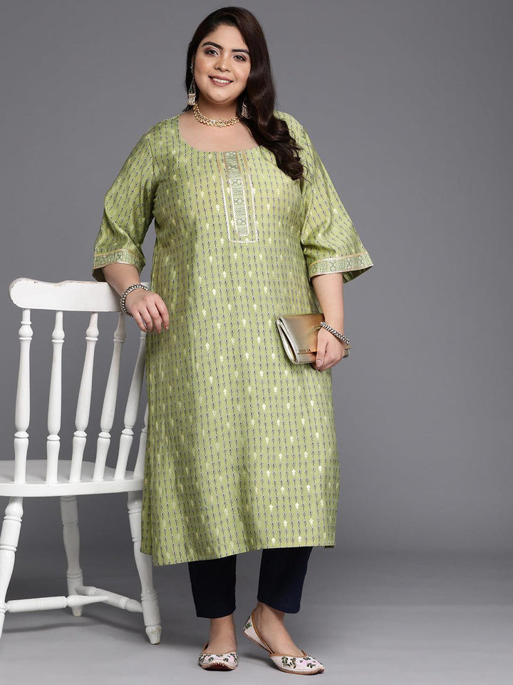 Plus Size Green Printed Silk Straight Kurta