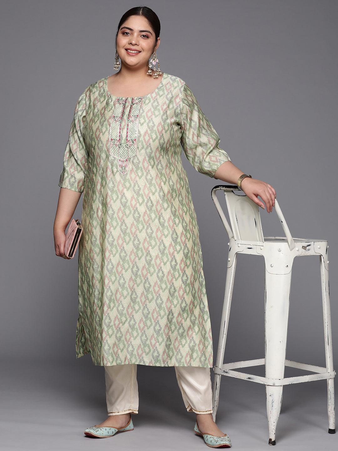 Plus Size Green Printed Silk Straight Kurta - ShopLibas 