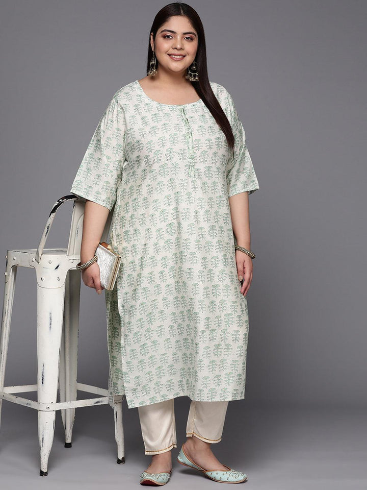 Plus Size Green Printed Silk Straight Kurta
