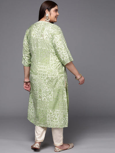 Plus Size Green Printed Silk Straight Kurta - ShopLibas