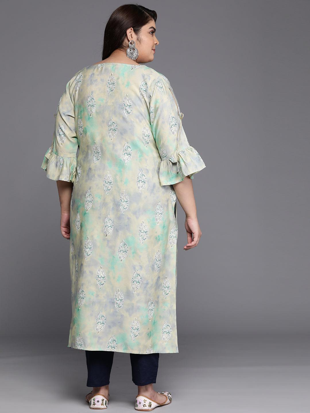 Plus Size Green Printed Silk Straight Kurta - Libas 