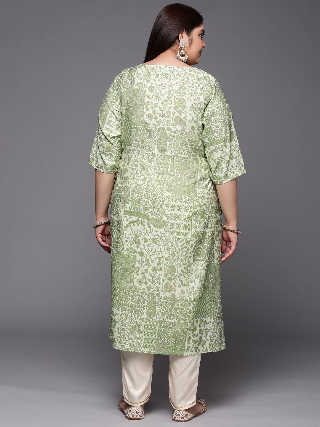 Plus Size Green Printed Silk Straight Kurta - ShopLibas 