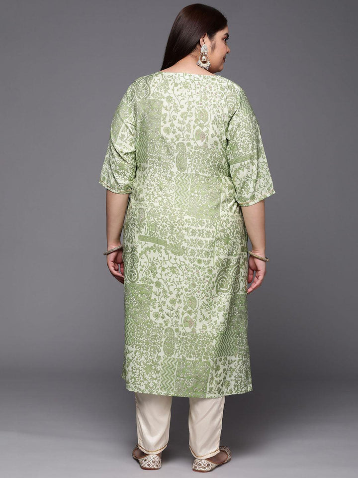 Plus Size Green Printed Silk Straight Kurta