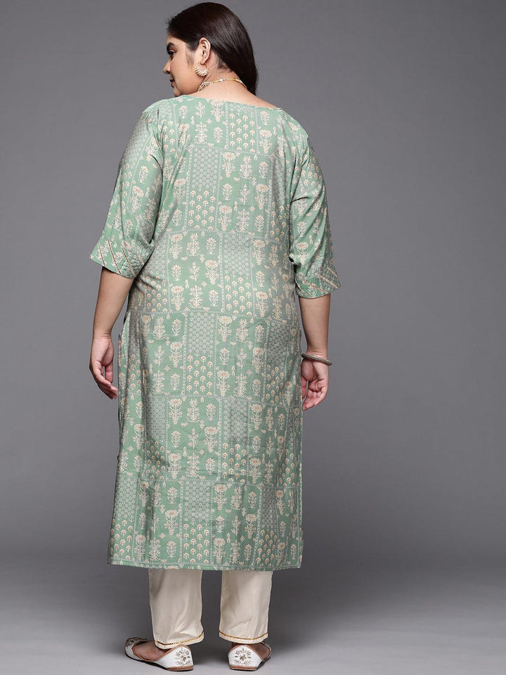 Plus Size Green Printed Silk Straight Kurta