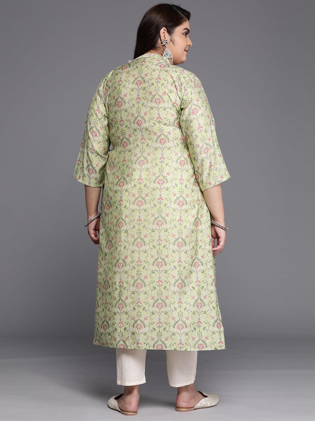 Plus Size Green Printed Silk Straight Kurta - Libas 