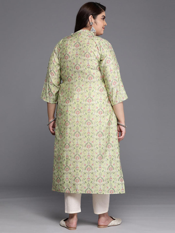 Plus Size Green Printed Silk Straight Kurta