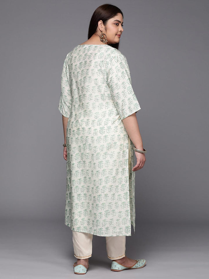 Plus Size Green Printed Silk Straight Kurta