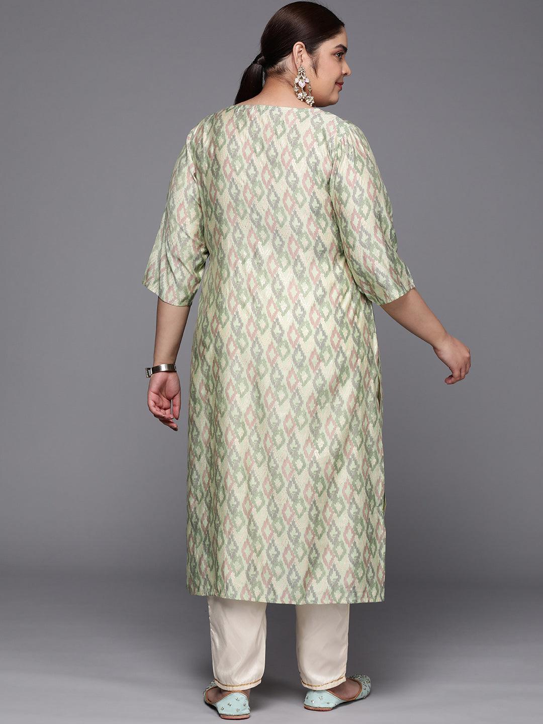 Plus Size Green Printed Silk Straight Kurta - ShopLibas 