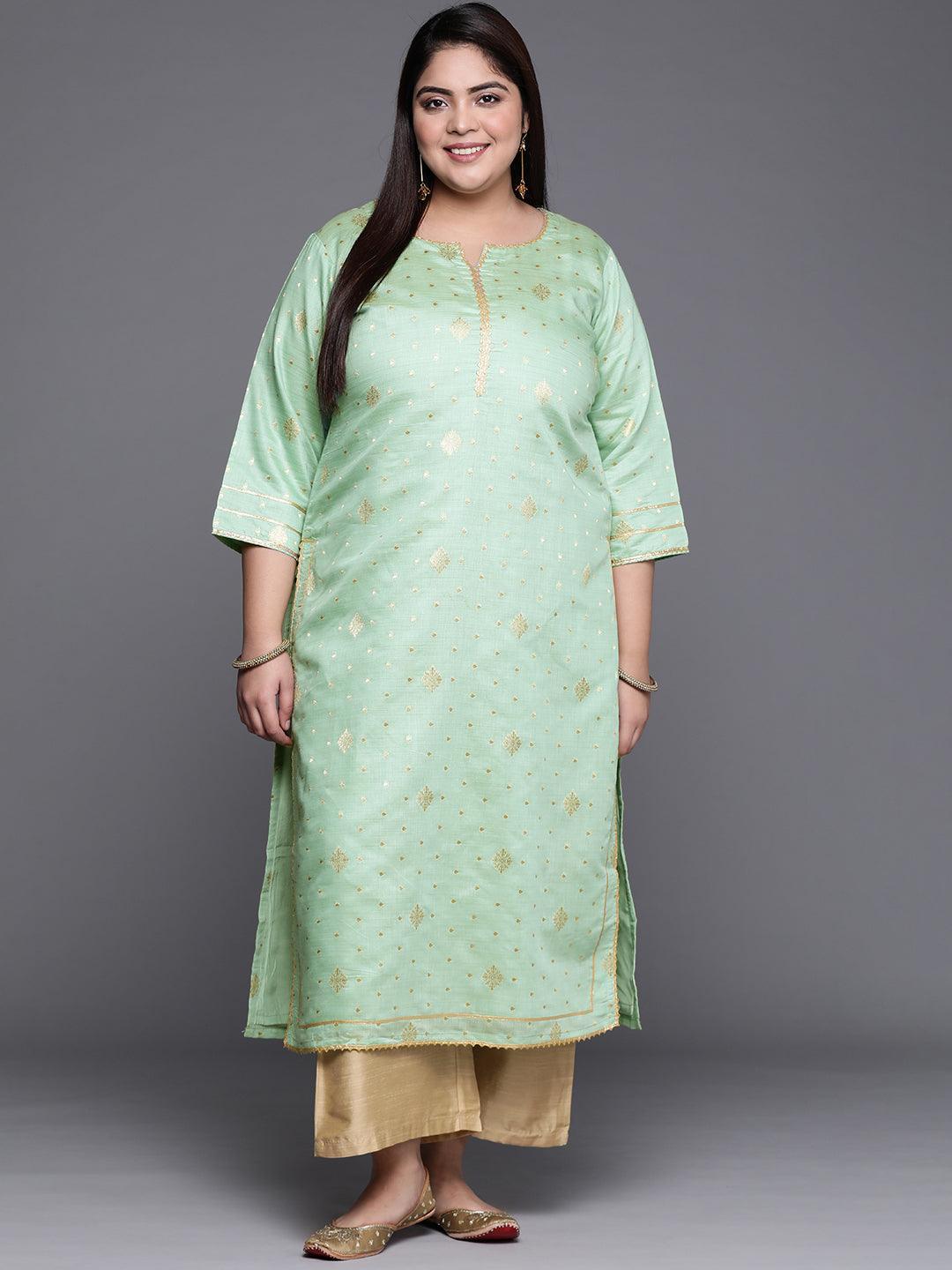 Plus Size Green Self Design Chanderi Silk Straight Kurta - ShopLibas
