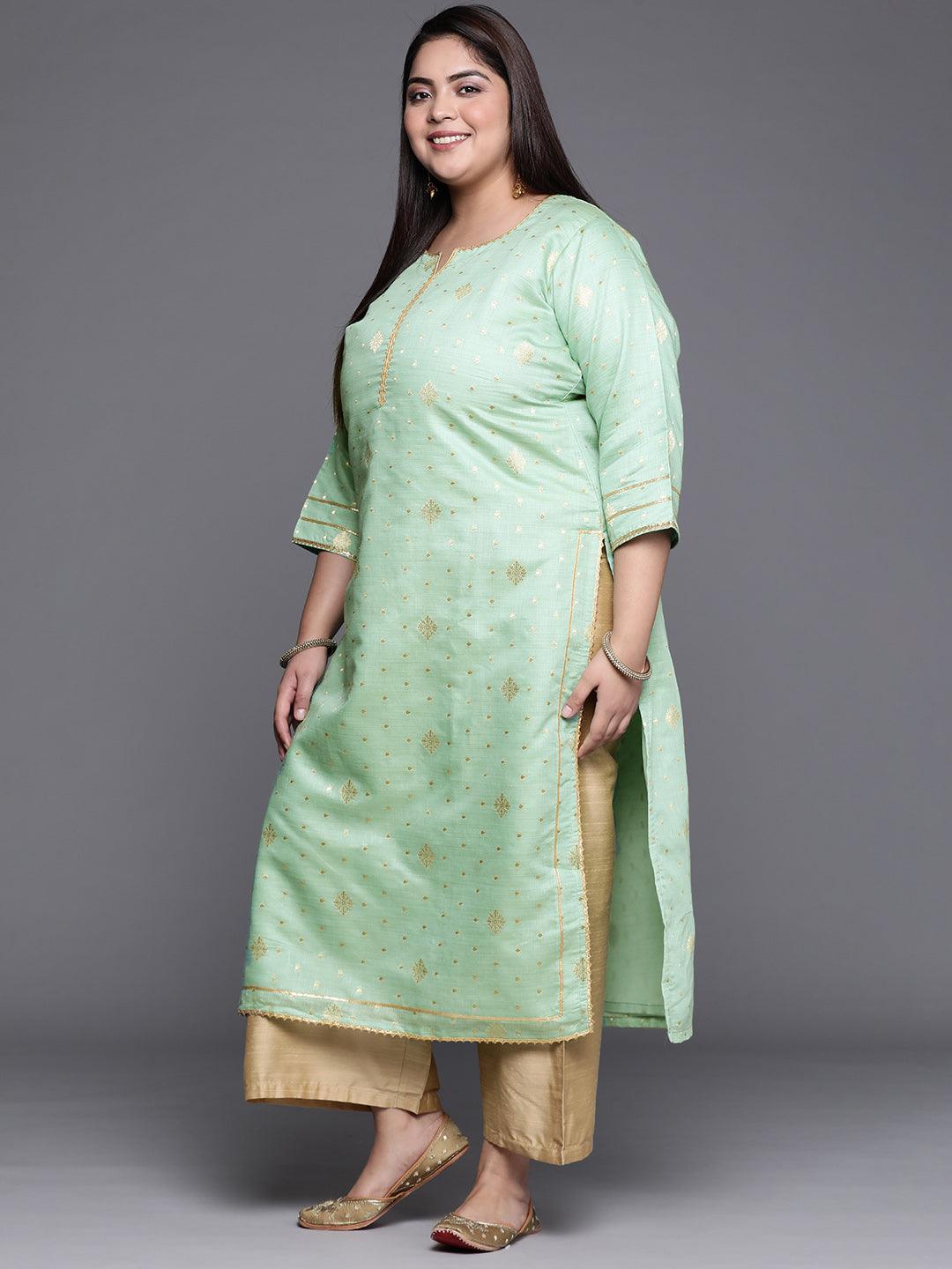 Plus Size Green Self Design Chanderi Silk Straight Kurta - ShopLibas 