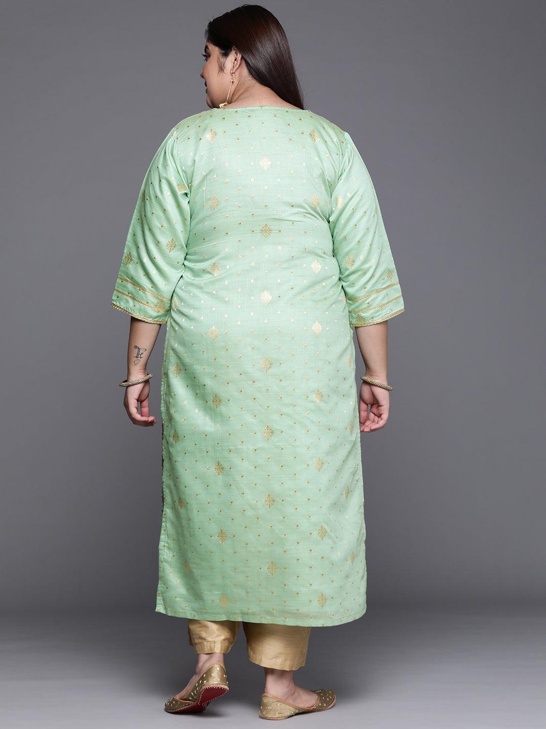 Plus Size Green Self Design Chanderi Silk Straight Kurta - ShopLibas 
