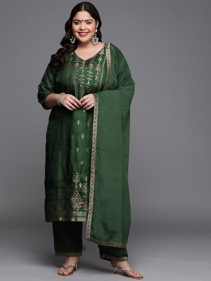 Plus Size Green Self Design Silk Blend Suit Set - ShopLibas