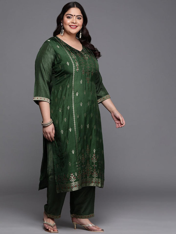 Plus Size Green Self Design Silk Blend Suit Set - ShopLibas