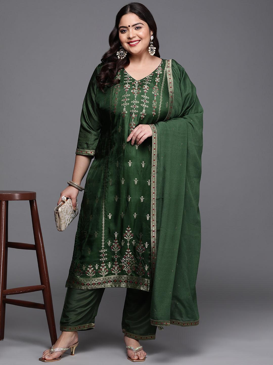 Plus Size Green Self Design Silk Blend Suit Set - ShopLibas