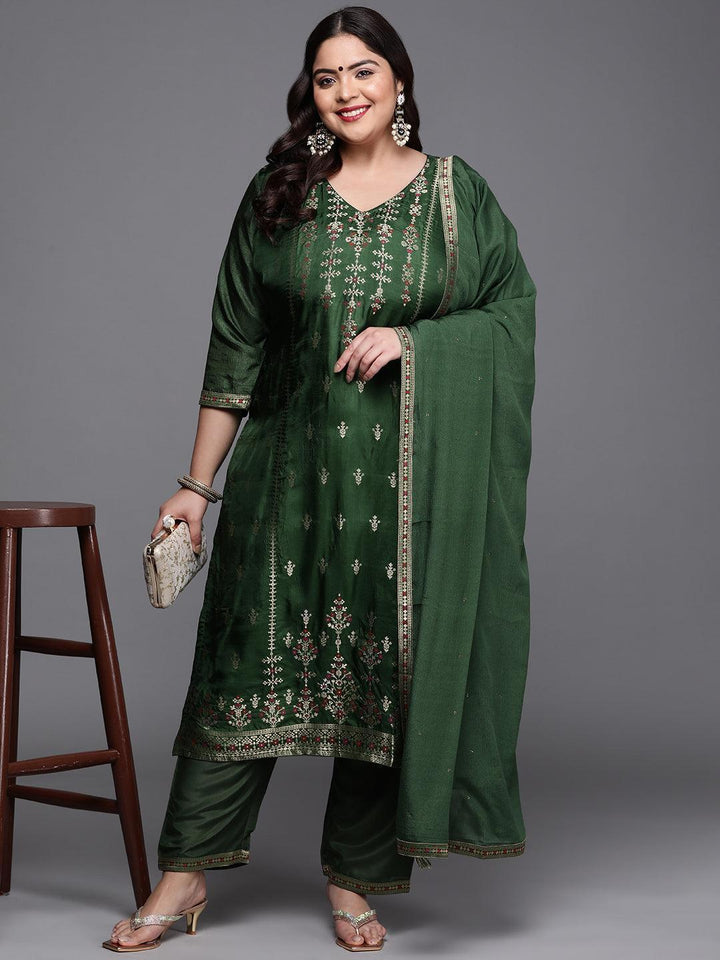 Plus Size Green Self Design Silk Blend Suit Set - ShopLibas
