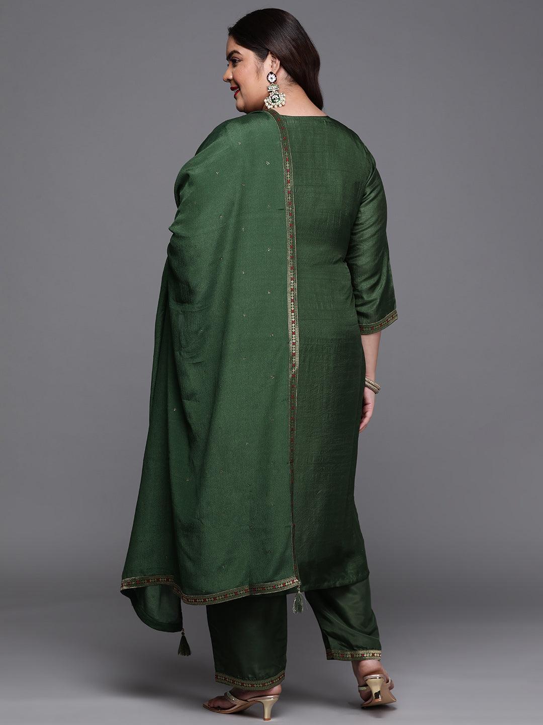 Plus Size Green Self Design Silk Blend Suit Set - ShopLibas