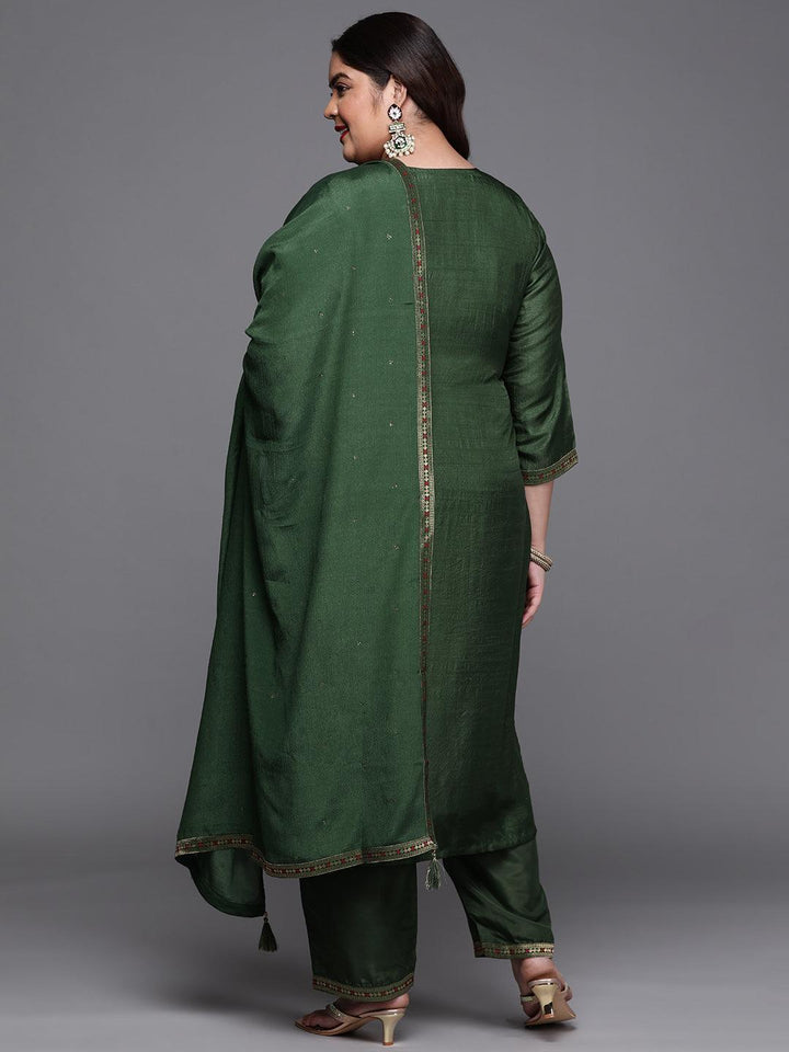 Plus Size Green Self Design Silk Blend Suit Set - ShopLibas