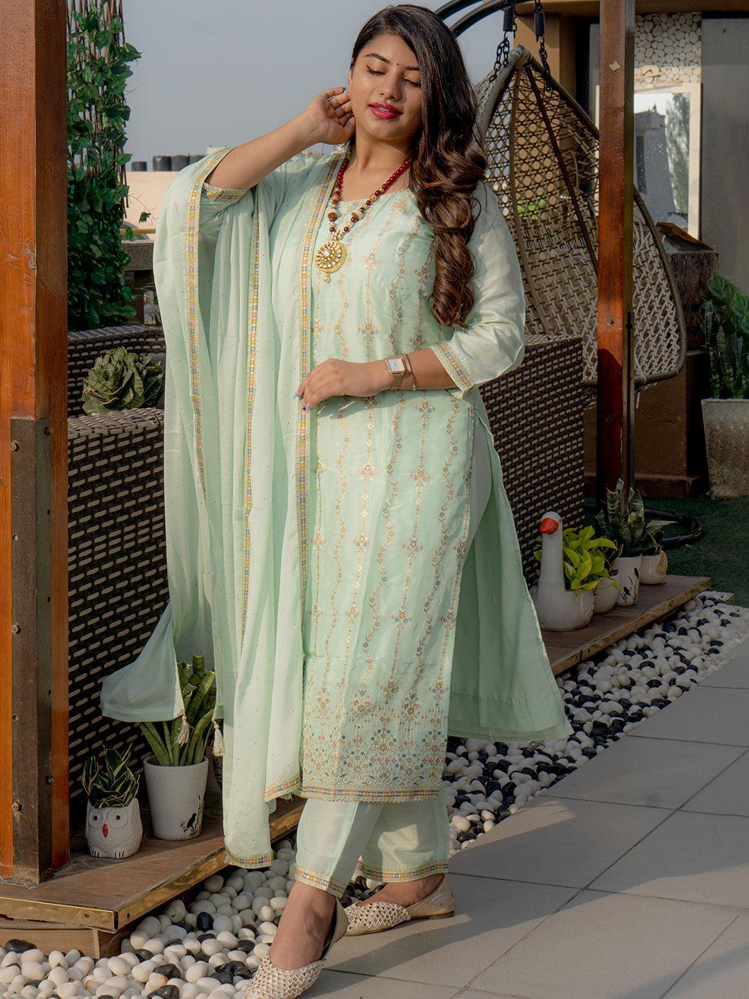 Plus Size Sea Green Woven Design Silk Blend Suit Set - ShopLibas