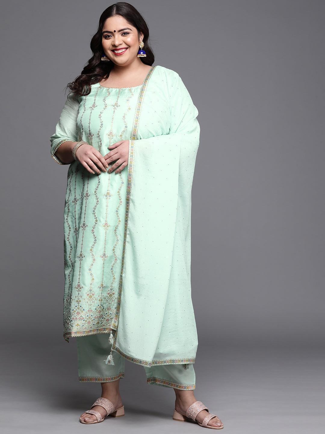 Plus Size Sea Green Woven Design Silk Blend Suit Set - ShopLibas