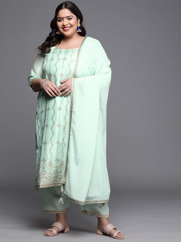 Plus Size Sea Green Woven Design Silk Blend Suit Set - ShopLibas