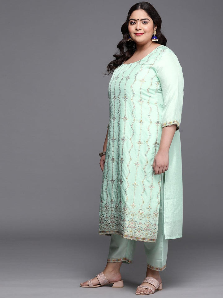 Plus Size Sea Green Woven Design Silk Blend Suit Set - ShopLibas