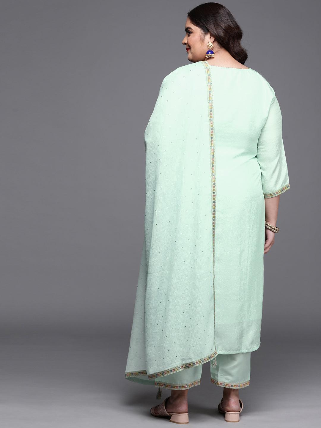 Plus Size Sea Green Woven Design Silk Blend Suit Set - ShopLibas