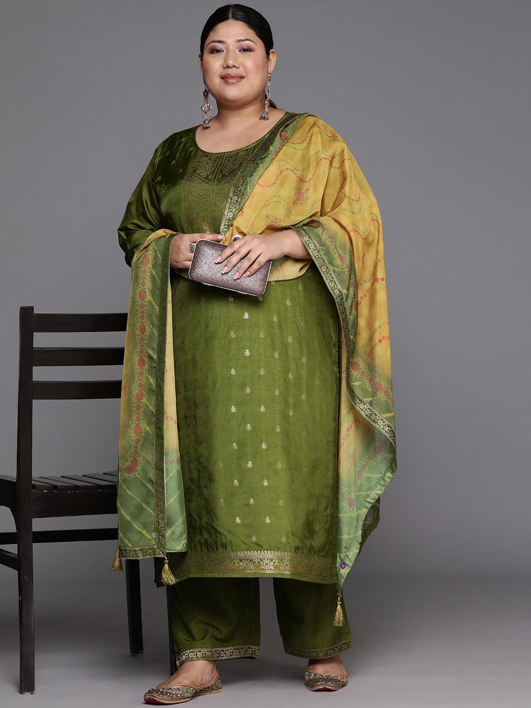 Plus Size Green Woven Design Silk Blend Straight Suit Set - Libas 
