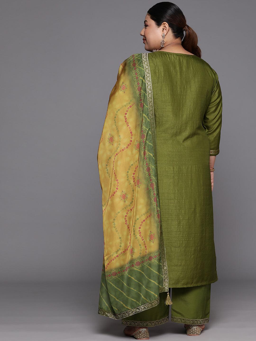 Plus Size Green Woven Design Silk Blend Straight Suit Set - Libas 
