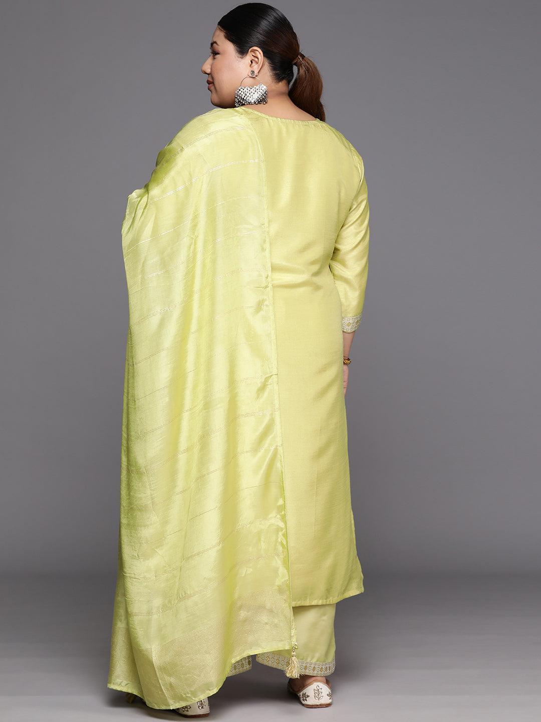 Plus Size Green Woven Design Silk Blend Straight Suit Set - Libas 
