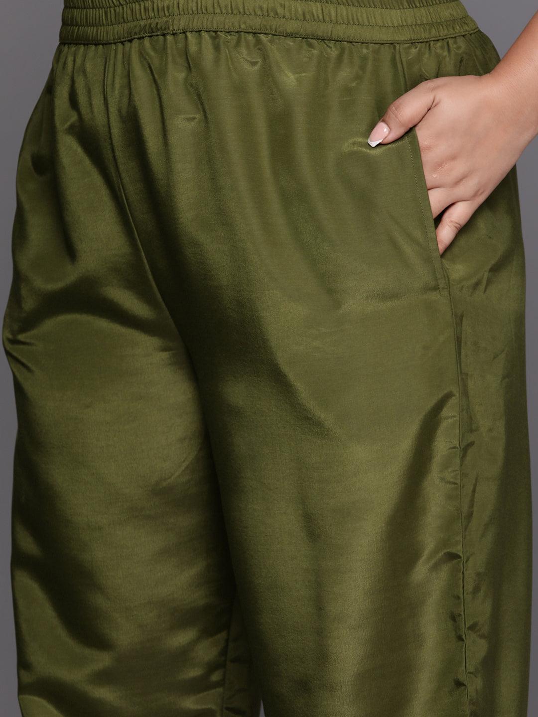 Plus Size Green Woven Design Silk Blend Straight Suit Set - Libas 