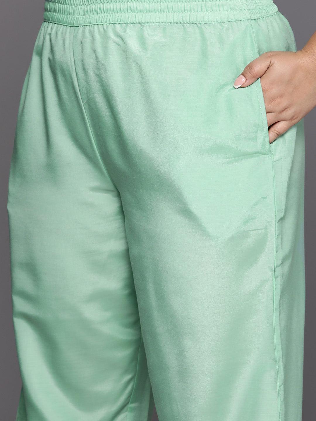 Plus Size Green Woven Design Silk Blend Straight Suit Set - Libas 
