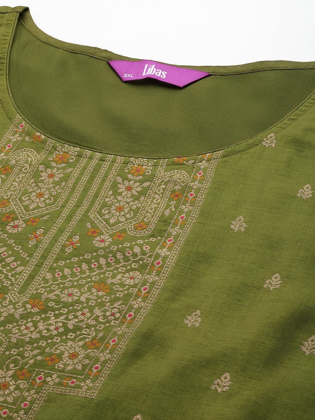 Plus Size Green Woven Design Silk Blend Straight Suit Set - Libas 
