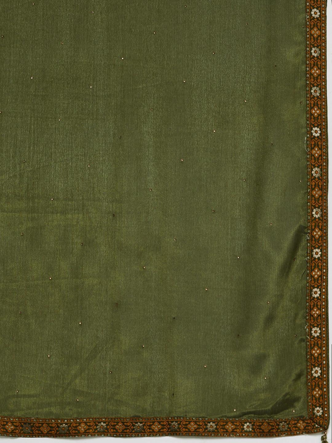 Plus Size Green Woven Design Silk Blend Straight Suit Set - Libas 