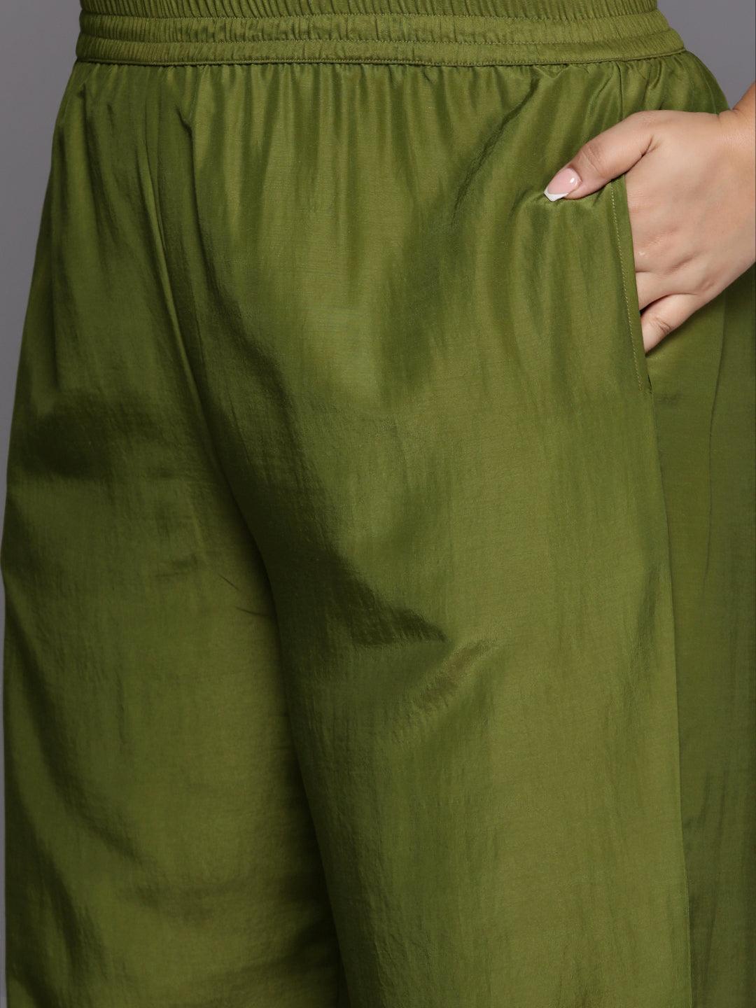 Plus Size Green Woven Design Silk Blend Straight Suit Set - Libas 
