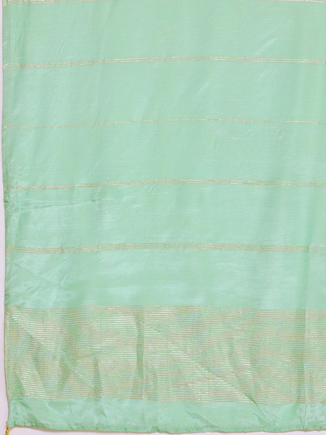 Plus Size Green Woven Design Silk Blend Straight Suit Set - Libas 