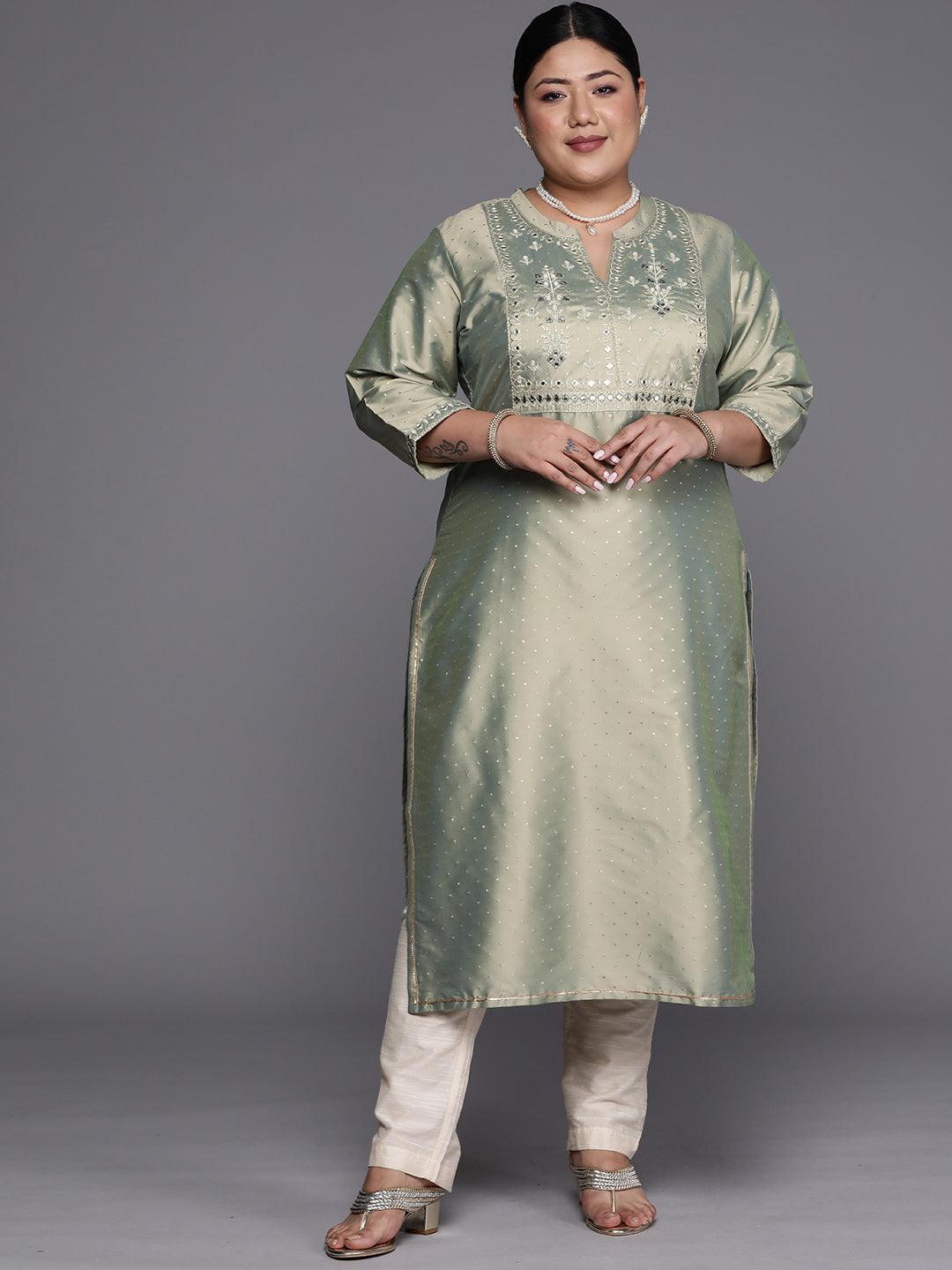 Plus Size Green Yoke Design Art Silk Straight Kurta - ShopLibas