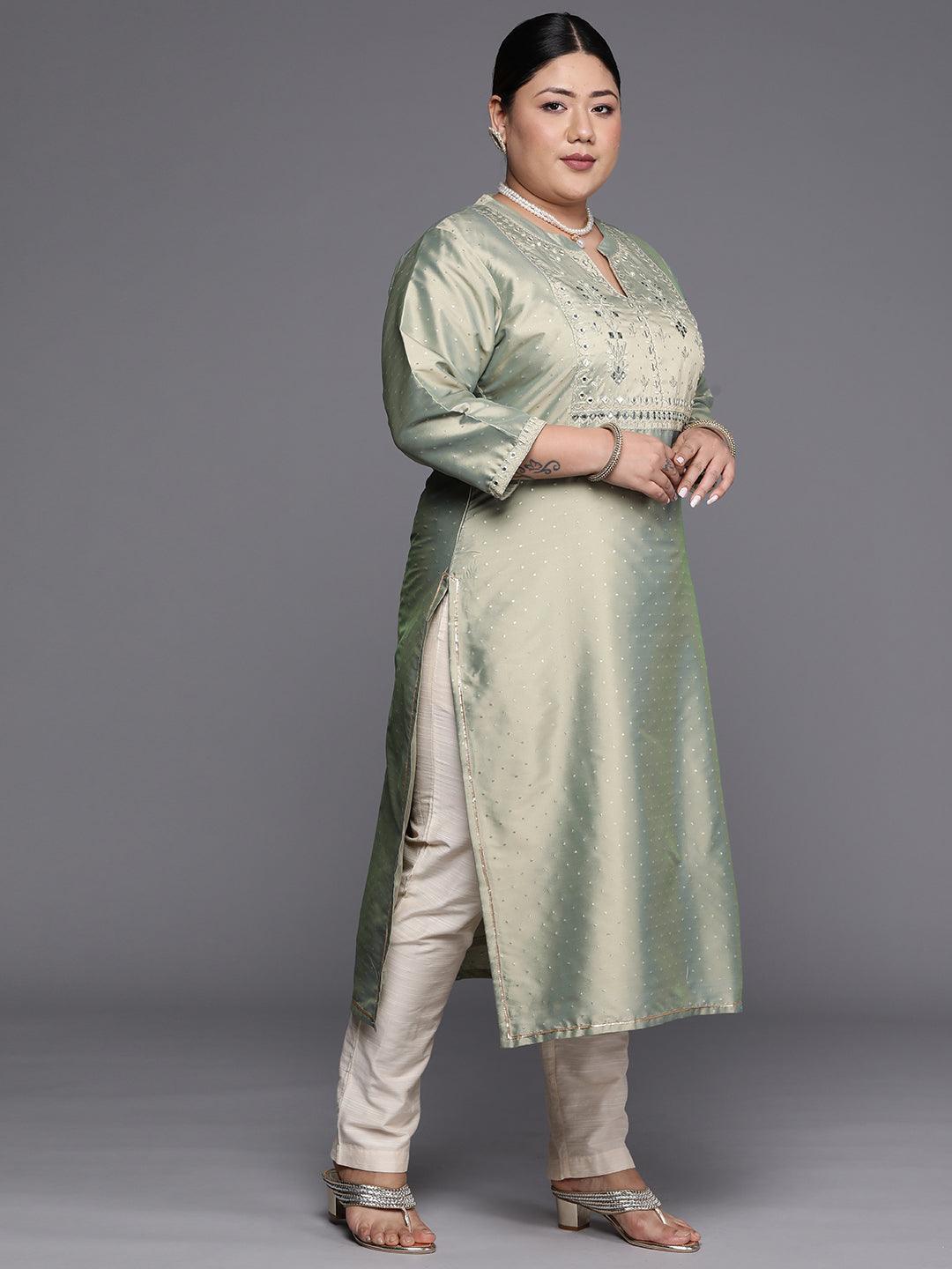 Plus Size Green Yoke Design Art Silk Straight Kurta - ShopLibas 