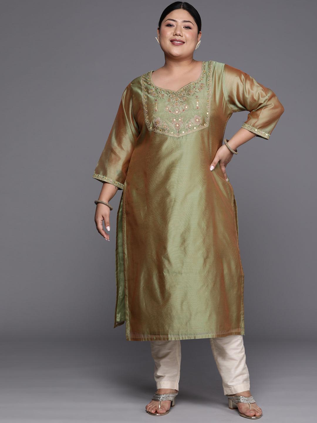 Plus Size Green Yoke Design Chanderi Cotton Straight Kurta - ShopLibas
