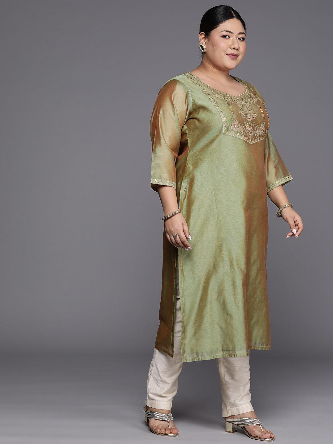 Plus Size Green Yoke Design Chanderi Cotton Straight Kurta - ShopLibas 