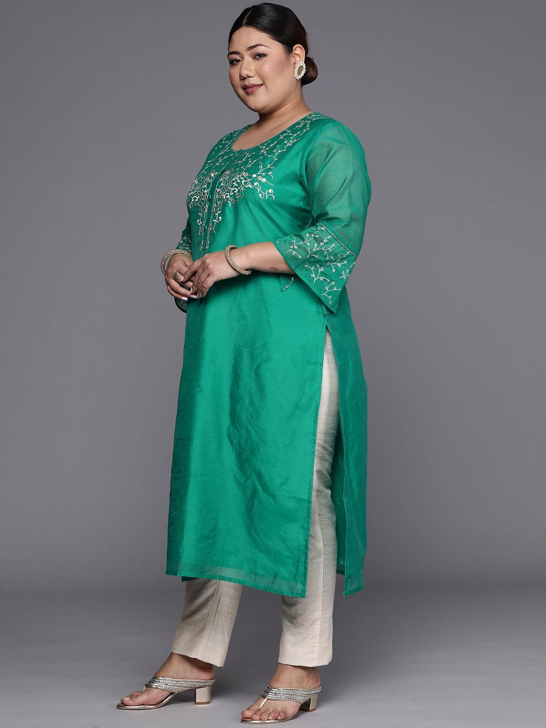 Plus Size Green Yoke Design Chanderi Silk Straight Kurta - ShopLibas 