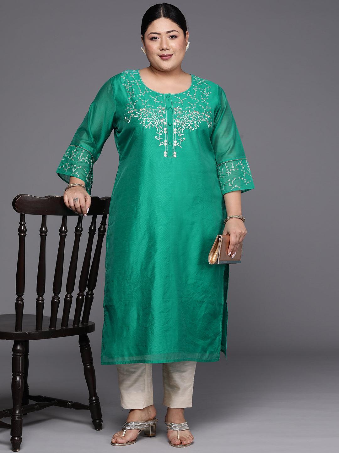 Plus Size Green Yoke Design Chanderi Silk Straight Kurta - ShopLibas 