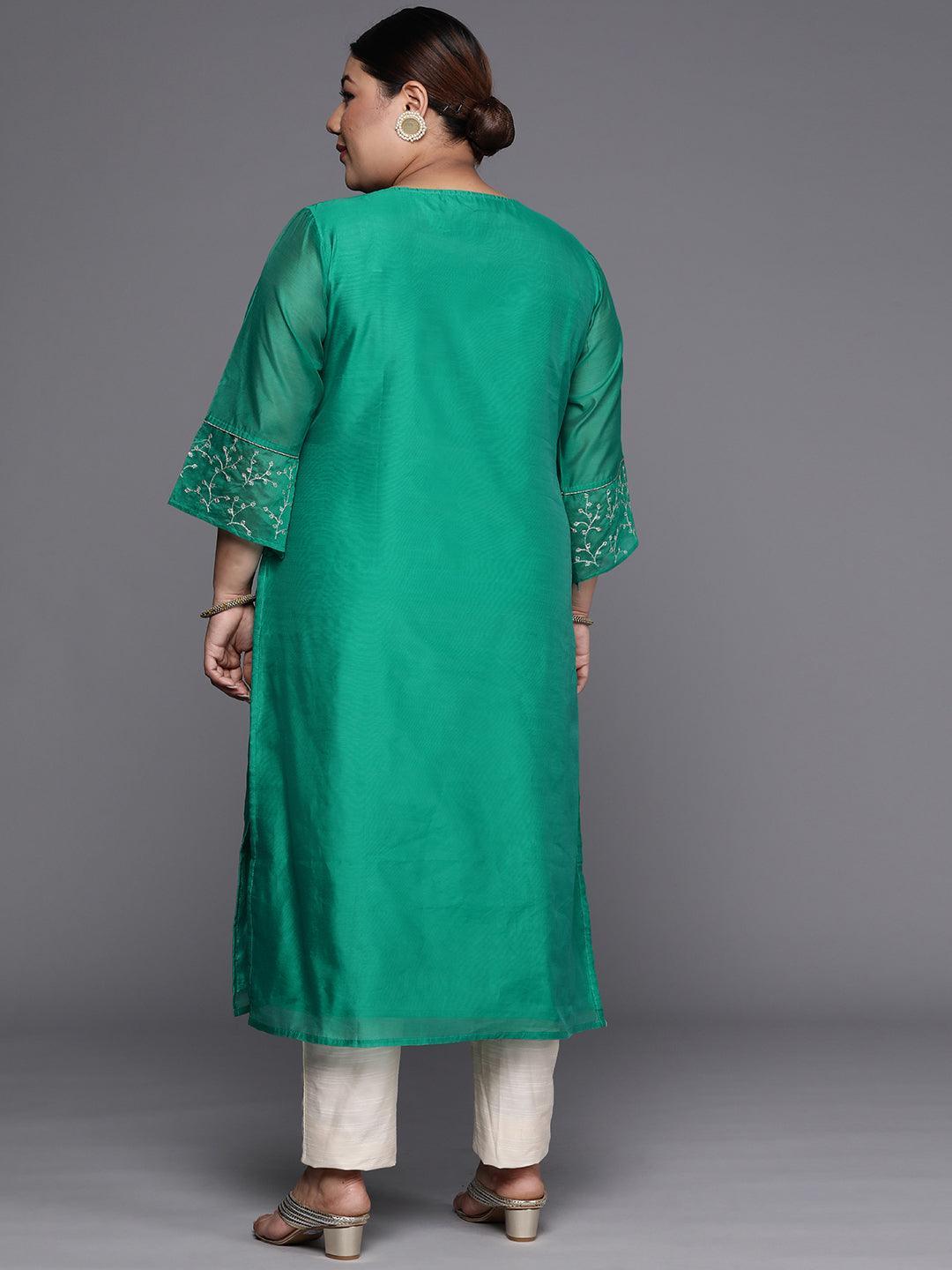 Plus Size Green Yoke Design Chanderi Silk Straight Kurta - ShopLibas 