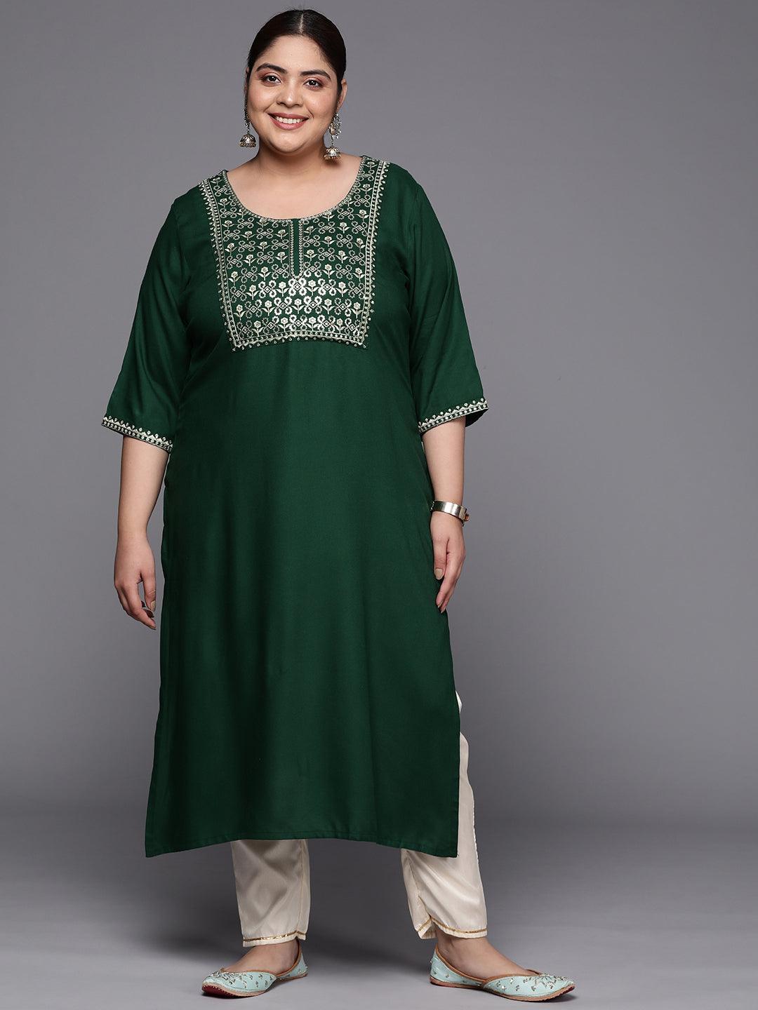 Plus Size Green Yoke Design Rayon Straight Kurta - ShopLibas