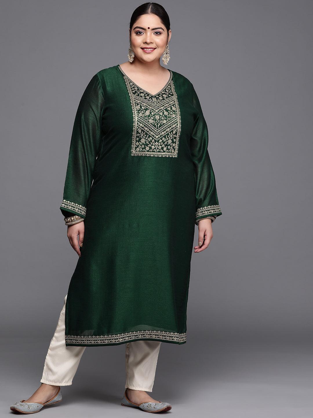 Plus Size Green Yoke Design Silk Kurta - ShopLibas