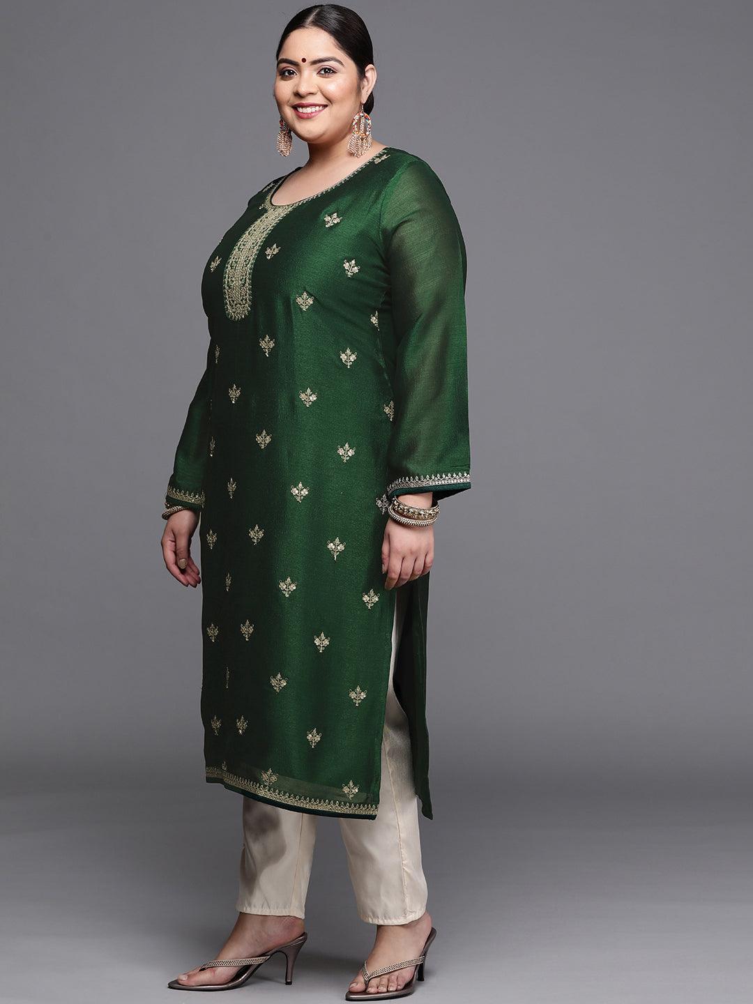 Plus Size Green Yoke Design Silk Kurta - ShopLibas