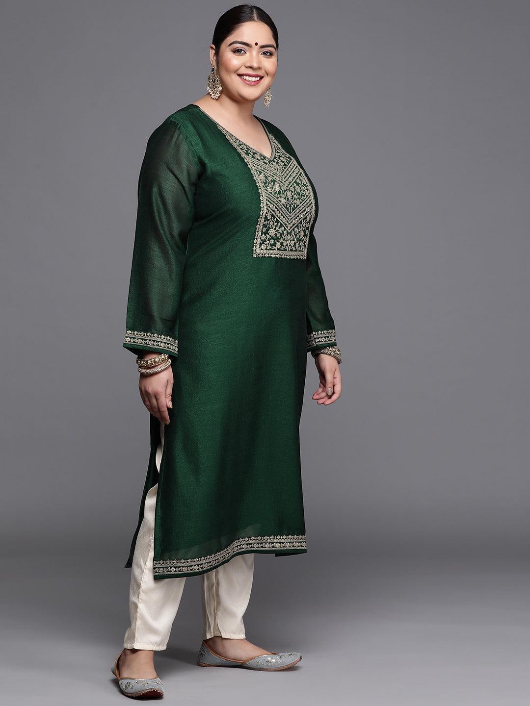 Plus Size Green Yoke Design Silk Kurta - ShopLibas 